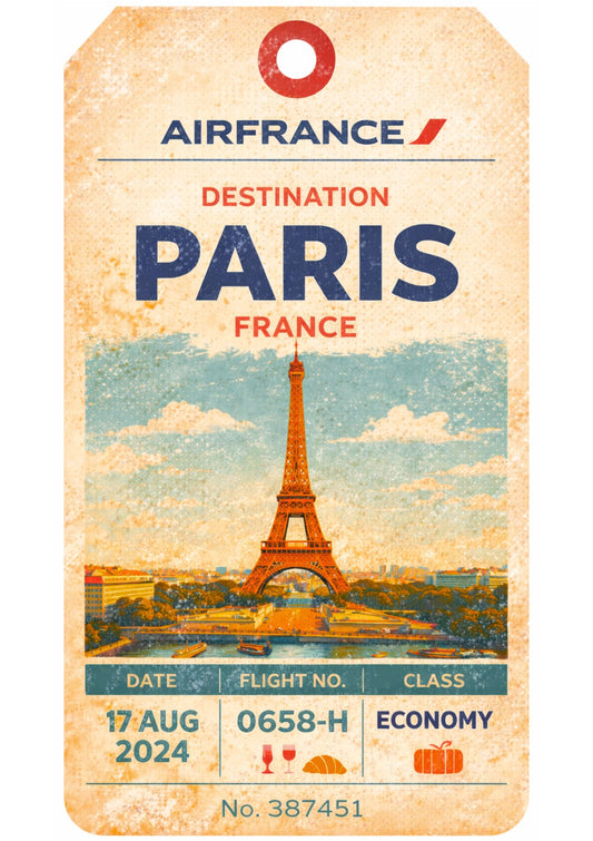Vintage Paris Luggage Tag Art Print – Retro Air France Travel Poster with Eiffel Tower for Travel Wall Decor and French Cultural Collection