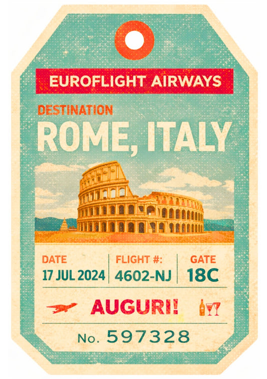 Vintage Rome Italy Luggage Tag Art Print – Retro Euroflight Airways Travel Poster with Colosseum & "AUGURI!" for Travel Wall Decor and Italian Heritage Collection