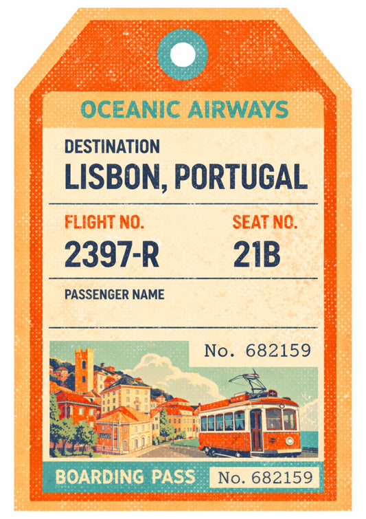 Lisbon Travel Art – Vintage Boarding Pass Style Retro Luggage Tag Poster, Portugal Wall Decor