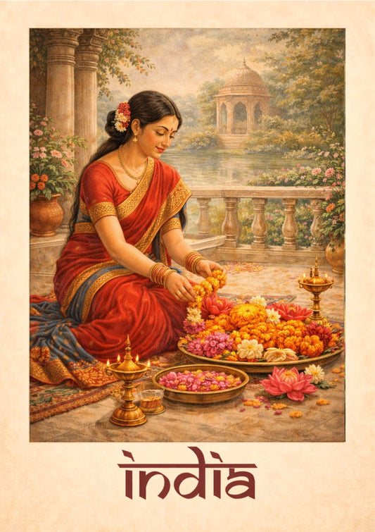 Traditional Indian Woman Floral Ritual Art Print – Cultural Serenity Wall Decor