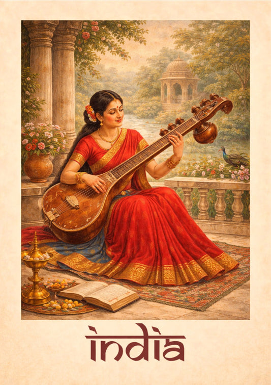 Indian Classical Music Veena Player Art Print – Traditional Sari Woman in Garden Setting with Peacock & Brass Lamp for Cultural Heritage Wall Decor