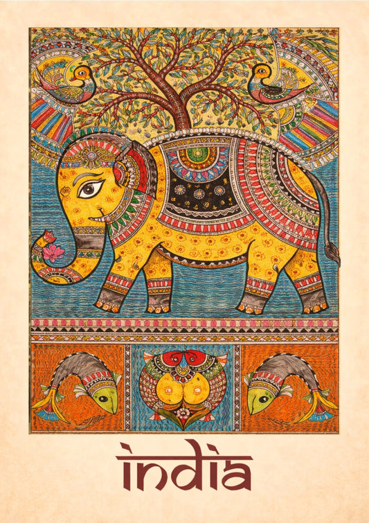 Indian Folk Elephant Wall Art – Madhubani Style Traditional India Cultural Illustration