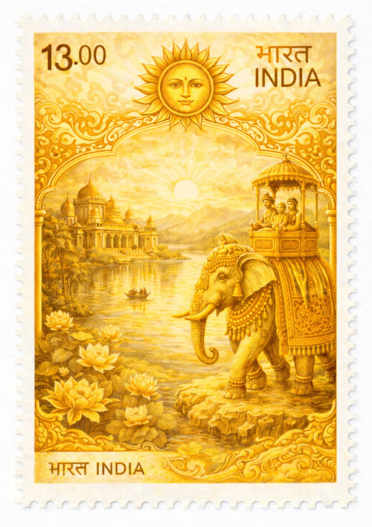 Golden Royal Elephant India Stamp Art Print – Vintage Palace & Sunrise Wall Decor