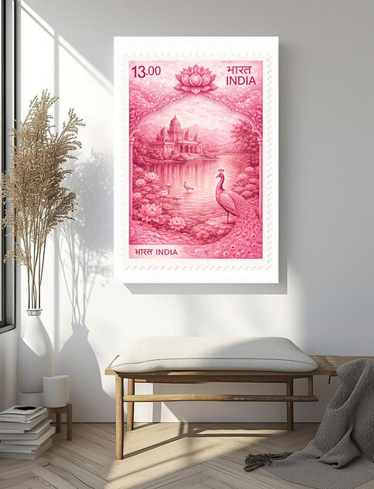 Pink Lotus & Peacock India Stamp Art Print – Vintage Palace Cultural Wall Decor