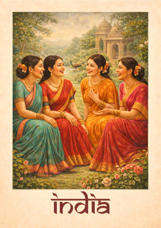 Indian Women Illustration Wall Art – Traditional Saree Culture, Vintage India Lifestyle Poster