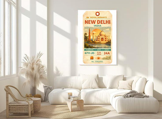 New Delhi India Travel Art – Vintage Luggage Tag Style Retro Boarding Pass Wall Decor