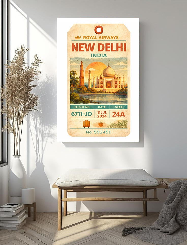 New Delhi India Travel Art – Vintage Luggage Tag Style Retro Boarding Pass Wall Decor