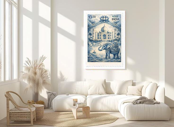 Vintage Indian Postage Stamp Wall Art – Taj Mahal & Elephant Blue Illustration Poster