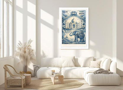 Vintage Indian Postage Stamp Wall Art – Taj Mahal & Elephant Blue Illustration Poster