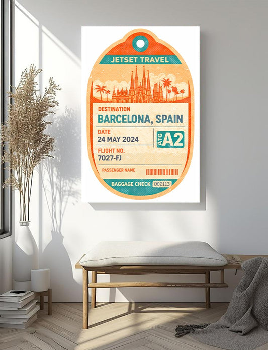 Barcelona Travel Art – Vintage Luggage Tag Style Retro Travel Poster, Spain Jetset Wall Decor