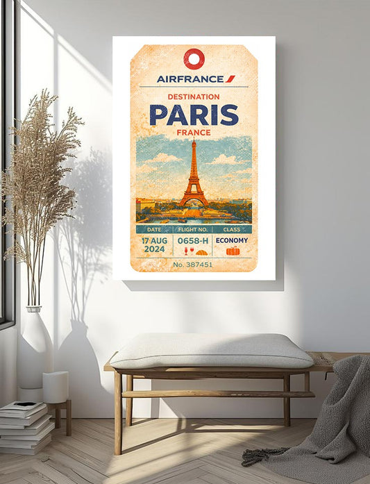 Vintage Paris Luggage Tag Art Print – Retro Air France Travel Poster with Eiffel Tower for Travel Wall Decor and French Cultural Collection