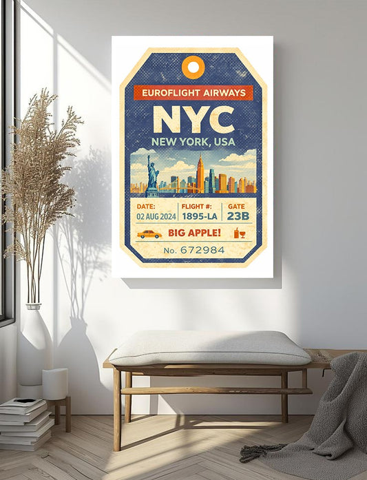 NYC New York Travel Art – Vintage Luggage Tag Style Retro Boarding Pass Wall Decor