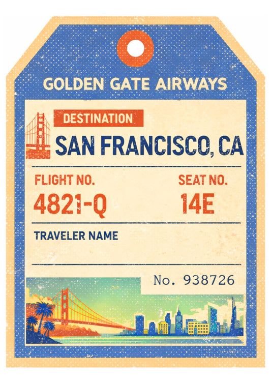 San Francisco Travel Art Print – Vintage Luggage Tag Style Golden Gate Wall Decor