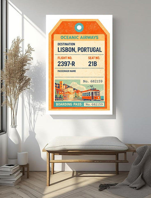 Lisbon Travel Art – Vintage Boarding Pass Style Retro Luggage Tag Poster, Portugal Wall Decor