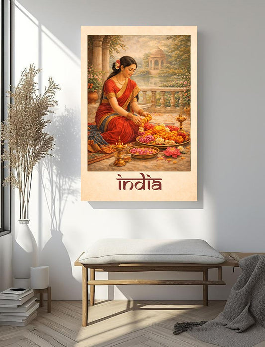 Traditional Indian Woman Floral Ritual Art Print – Cultural Serenity Wall Decor