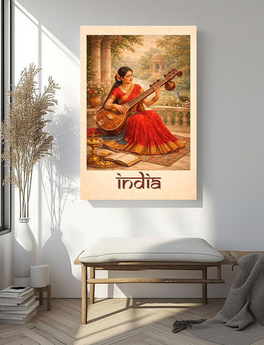 Indian Classical Music Veena Player Art Print – Traditional Sari Woman in Garden Setting with Peacock & Brass Lamp for Cultural Heritage Wall Decor