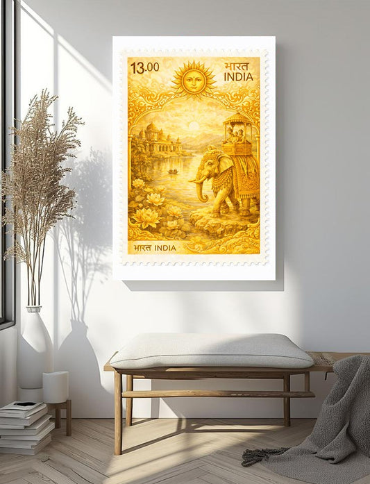 Golden Royal Elephant India Stamp Art Print – Vintage Palace & Sunrise Wall Decor