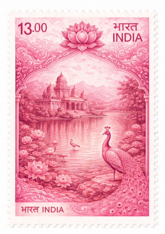 Pink Lotus & Peacock India Stamp Art Print – Vintage Palace Cultural Wall Decor