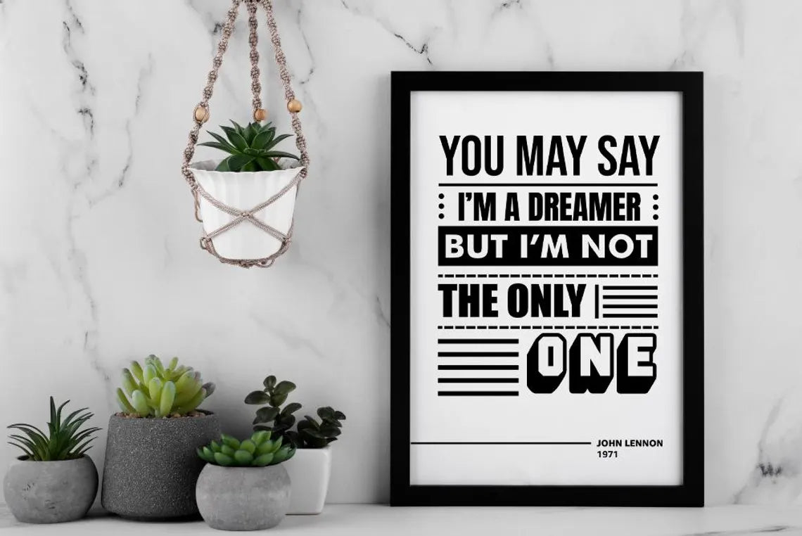 John Lennon Imagine Lyrics Art Print – Minimalist Black & White Typography Wall Poster for Music Lovers