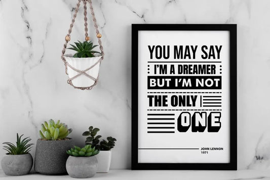 John Lennon Imagine Lyrics Art Print – Minimalist Black & White Typography Wall Poster for Music Lovers