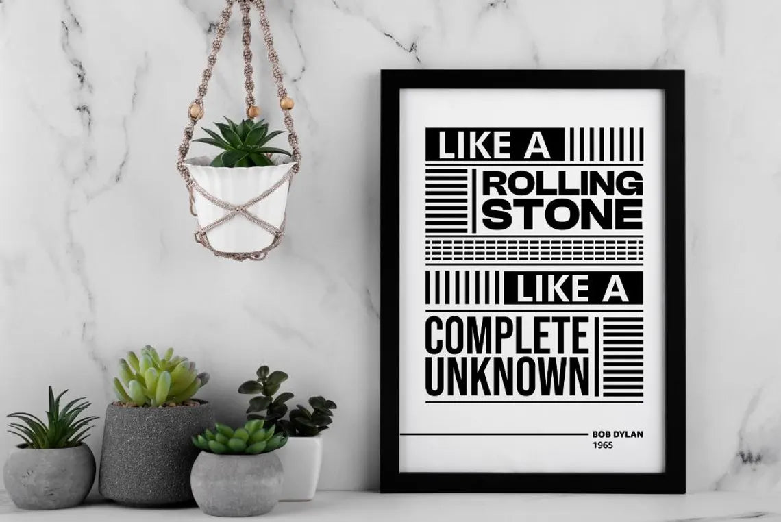 Like a Rolling Stone Lyric Wall Art | Bob Dylan Typography Print | Bold Black and White Rock Music Poster