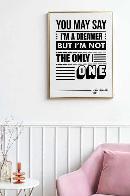 John Lennon Imagine Lyrics Art Print – Minimalist Black & White Typography Wall Poster for Music Lovers