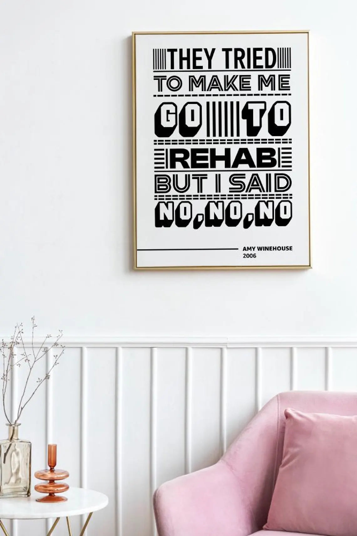 They Tried to Make Me Go to Rehab Lyric Wall Art | Amy Winehouse Typography Print | Bold Black and White Music Poster