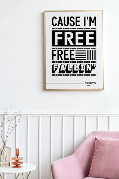 Free Fallin’ Lyric Wall Art | Bold Typography Music Print | Black and White Statement Poster