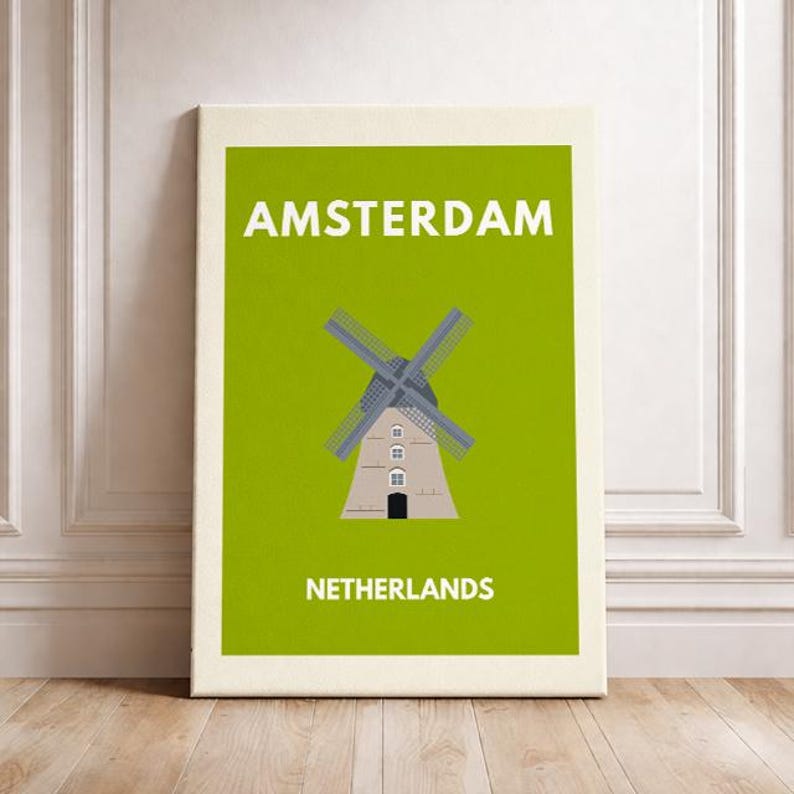 Amsterdam Travel Art – Dutch Windmill Poster Netherlands TravelArt European City WallArt Amsterdam Minimal Art