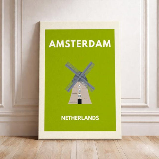 Amsterdam Travel Art – Dutch Windmill Poster Netherlands TravelArt European City WallArt Amsterdam Minimal Art