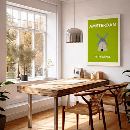 Amsterdam Travel Art – Dutch Windmill Poster Netherlands TravelArt European City WallArt Amsterdam Minimal Art