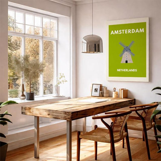 Amsterdam Travel Art – Dutch Windmill Poster Netherlands TravelArt European City WallArt Amsterdam Minimal Art