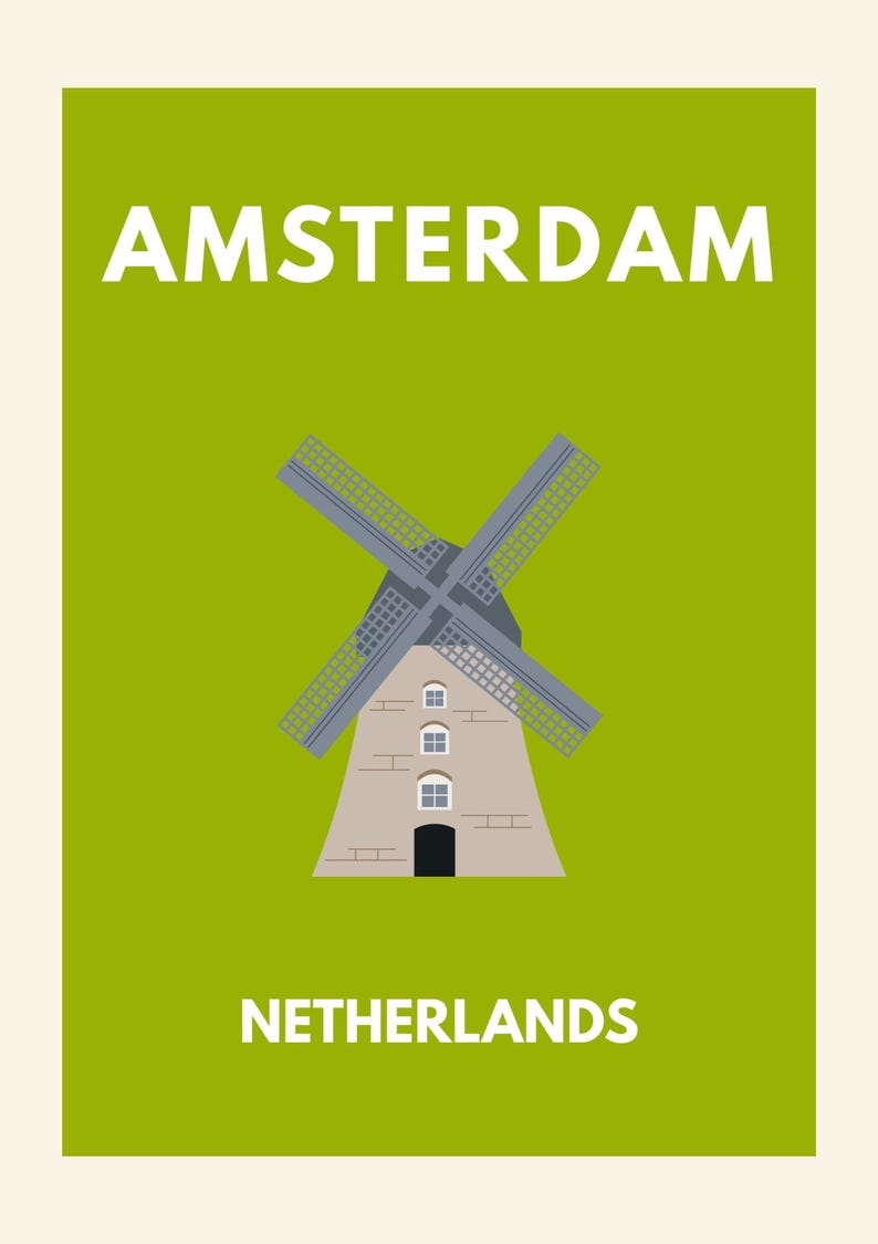 Amsterdam Travel Art – Dutch Windmill Poster Netherlands TravelArt European City WallArt Amsterdam Minimal Art