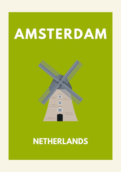 Amsterdam Travel Art – Dutch Windmill Poster Netherlands TravelArt European City WallArt Amsterdam Minimal Art