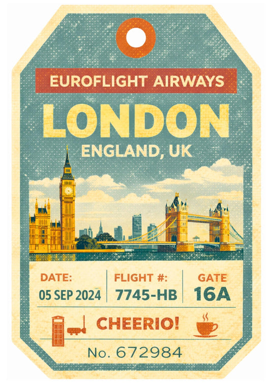 London Travel Art Print – Vintage Boarding Pass Luggage Tag Wall Decor