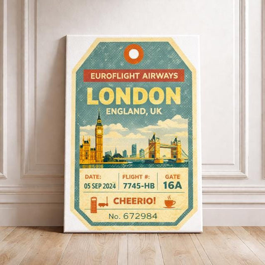 London Travel Art Print – Vintage Boarding Pass Luggage Tag Wall Decor