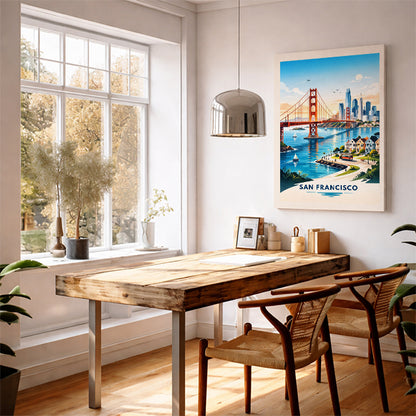 San Francisco California Travel Poster Golden Gate Bridge Art Print Modern Cityscape Wall Decor Painted Ladies Illustration Wanderlust Gift