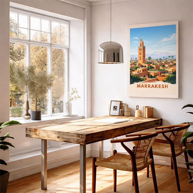 Marrakesh Morocco Travel Poster Koutoubia Mosque Art Print Modern Desert Cityscape Wall Decor Atlas Mountains Illustration Wanderlust Gift