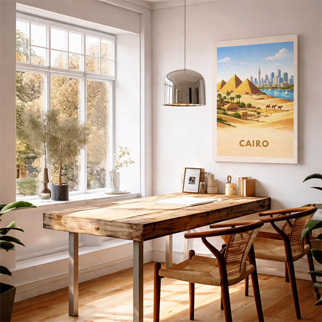 Cairo Egypt Travel Poster Great Pyramids of Giza Art Print Modern Cityscape Wall Decor Nile River Illustration Wanderlust Gift