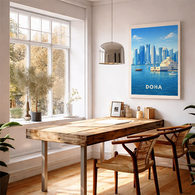 Doha Qatar Travel Poster West Bay Art Print Modern Cityscape Wall Decor Museum of Islamic Art Illustration Wanderlust Gift