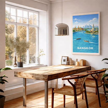 Bangkok Thailand Travel Poster Wat Arun Art Print Modern Cityscape Wall Decor Chao Phraya River Illustration Wanderlust Gift