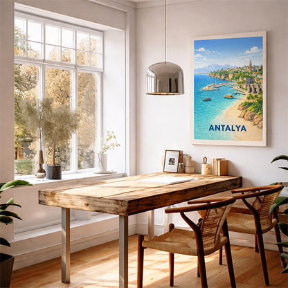 Antalya Turkey Travel Poster Modern Coastal Wall Decor Mediterranean Art Illustration Turkish Riviera Gift Seaside Landscape Print