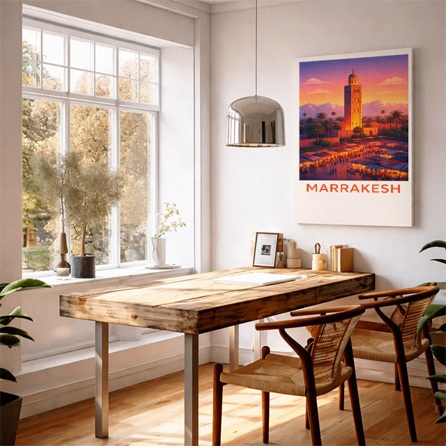 Marrakesh Morocco Travel Poster Koutoubia Mosque Art Print Modern Cityscape Wall Decor Jemaa el-Fnaa Sunset Illustration Wanderlust Gift