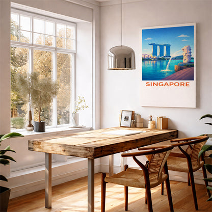 Singapore Travel Poster Merlion Art Print Modern Cityscape Wall Decor Marina Bay Sands Illustration Southeast Asia Wanderlust Gift