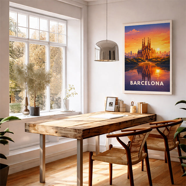 Barcelona Spain Travel Poster Sagrada Familia Art Print Modern Cityscape Wall Decor Spanish Sunset Illustration Wanderlust Gift