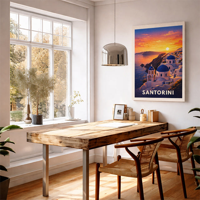 Santorini Greece Travel Poster Oia Sunset Art Print Modern Coastal Wall Decor Mediterranean Cyclades Illustration Wanderlust Gift