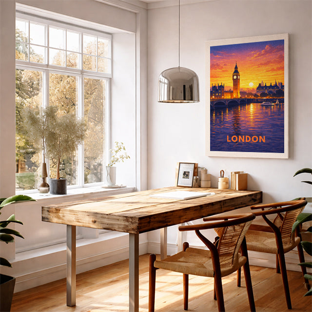 London England Travel Poster Big Ben Art Print Modern Cityscape Wall Decor British Sunset Illustration Westminster Wanderlust Gift