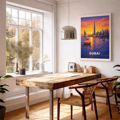 Dubai UAE Travel Poster Burj Khalifa Art Print Modern Cityscape Wall Decor United Arab Emirates Sunset Illustration Wanderlust Gift